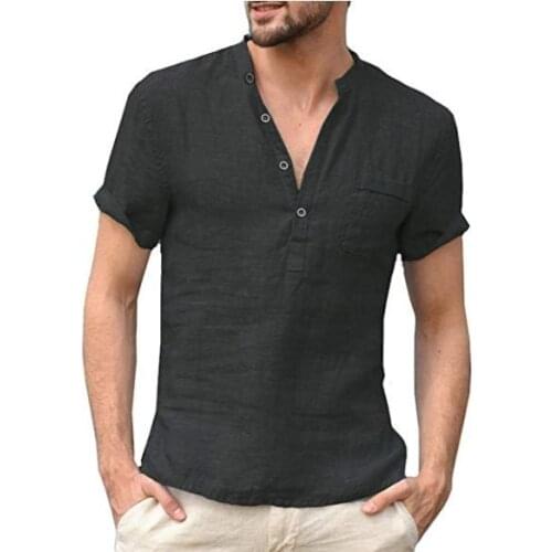 S-3Xl 2021 New Mens Slim Fit Linen Shirts Male Solid Color Cotton Linen V-Neck Shirts Men Casual Short Sleeves Shirt
