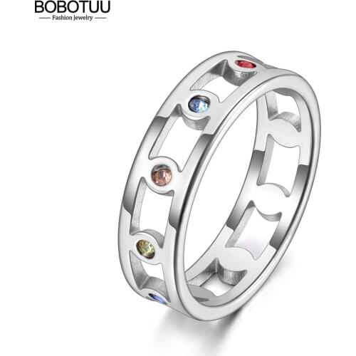 BOBOTUU Trendy 316L Stainless Steel Colorful Rhinestone Ring Rose Gold Original Design Wedding Ring Jewelry For Women BR20050