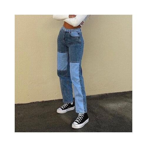 2021 Vintage High Waist Jeans Women Fashion Casual Patchwork Color block Straight Slim Jeans Pants Denim Pants Vaqueros Mujer