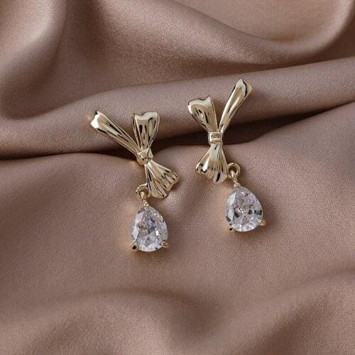 2021 New Korean Bowknot Water Drop Zircon Pendant Trendy Dangle Earrings For Women Fashion Jewelry Elegant Oorbellen Brincos