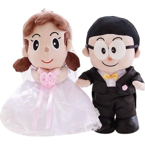 New Cute Doraemon Nobita & Shizuka Wedding Doll Bride Groom Bear Bear A Pair Plush Couple Stuffed Animals Toy Kids Gifts 30cm