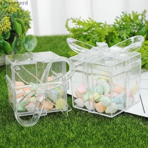 Food Grade Plastic Transparent Bow Square Candy Gift Box Wedding Candy Box Gift Box Packaging Box Wholesale Gift Bag