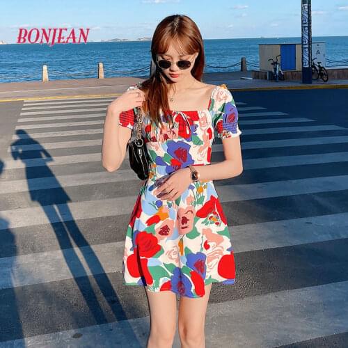 High Waist Floral Boho Dress Korean Square Neck Puff Sleeve Sweet Vintage A-line Mini Dresses Backless Colorful Elegant
