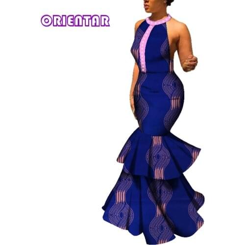 Women African Dress Sexy Backless O-neck Long Wedding Party Dress African Print Clothing Bazin Riche Dresses Party WY198