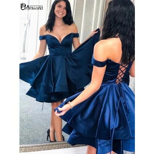 Lovely Off the Shoulder V Neck Navy Blue Satin Short Homecoming Dresses 2021 A-Line Prom Dress Graduation Party Gowns