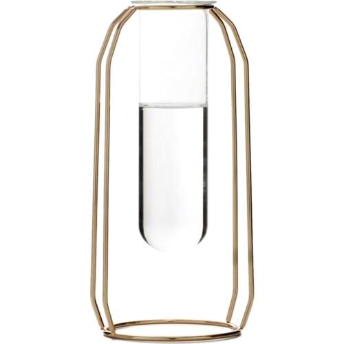Scandinavian Wrought Iron Frame Rose Gold Glass Vase Artificial Tube Hydroponic Flower Arrangement Plants Vases Home Decor