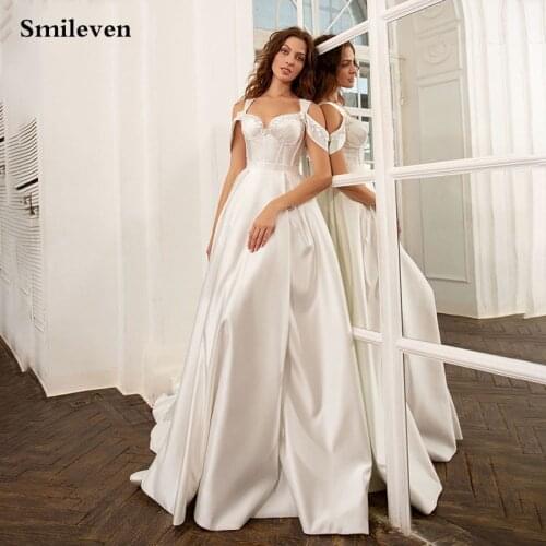 Smileven Summer Beach Wedding dress Beaded Princess Satin Bridal Gowns Off The Shoulder Boho Wedding Gowns Custom Made