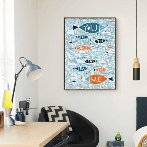 Mediterranean Art in the Waves of the Sea Bottle of Fish and Boats A4 Canvas Painting Art Print Picture Wall Decor