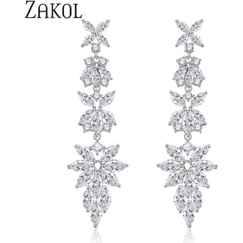 ZAKOL Fashion Marquise Cut Cubic Zirconia Long Leaf Drop Earrings for Women Bridal Wedding Anniversary Jewelry FSEP2219