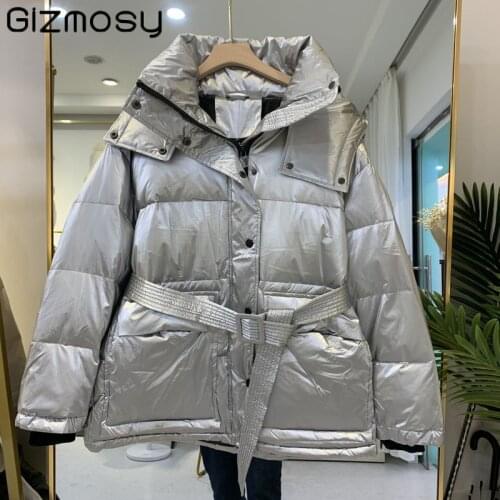 Gizmosy Winter White Duck Down Jacket Women Glossy Shiny Down Coat With Belt Female Puffer Parkas Hooded Waterproof Snow Outwear