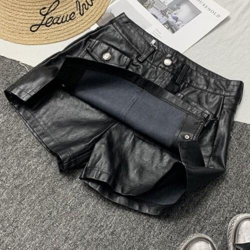 PU leather shorts culottes women autumn and winter new fashion high waist package hip Anti-glare fake two A-line shorts