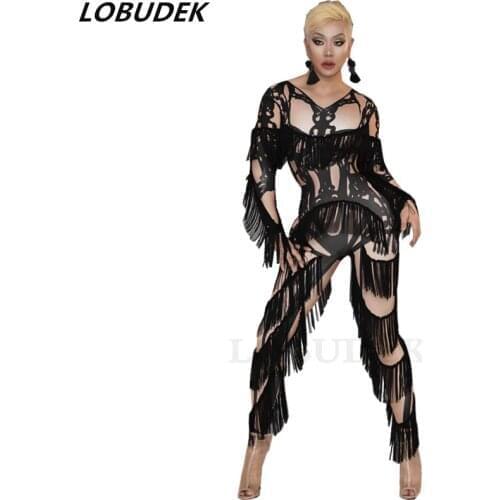 Ladies Black Tassel Jumpsuit Long Sleeve Stretch Skinny Rompers Bar Party Club-wear Stage Wear Singer Dance Performance Leggings