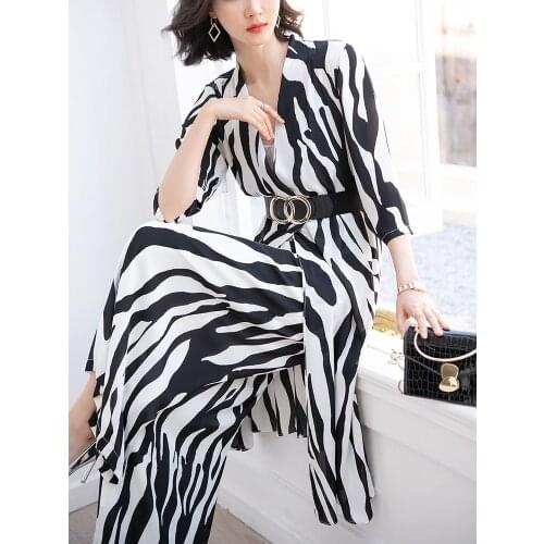 2021 Summer Womens Long Cardigan 2 Pieces Set Fashion Black and White Stripes Shirt Coat Outfit Ladies Wide Leg Pants Set