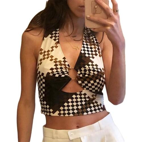 Women Self-Tie Backless Halter Crop Tank Tops Sexy Sleeveless Checkerboard Print Cutout Ring Front Camisoles Streetwear Clubwear