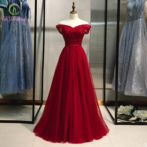 SSYFashion Banquet Elegant Burgundy Evening Gown Boat Neck Crystal Beading Floor-length Party Formal Dresses Vestidos De Noche