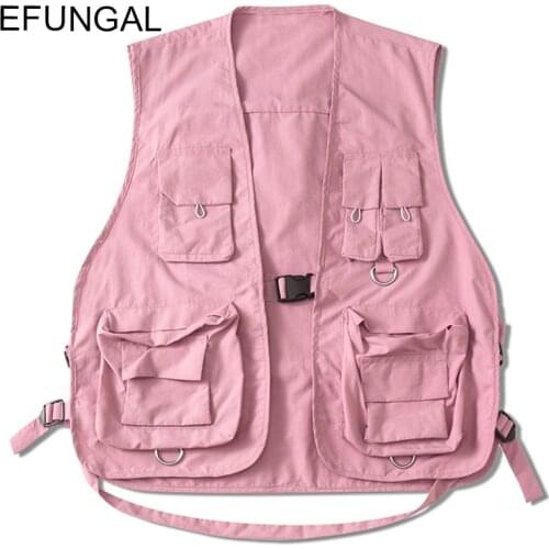 EFUNGAL Multiple Pockets Cargo Vest Pink Hip Hop Vests Men Coats Fashion Sleeveless Jacket Tactical Streetwear Bomber Waistcoat