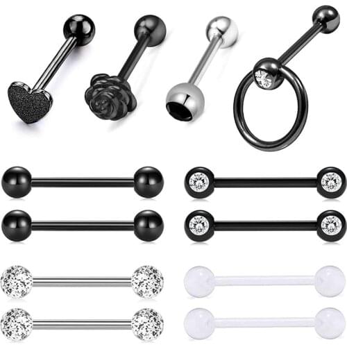 14G 12Pcs Stainless Steel Tongue Rings Barbells Heart Shape Rose Shape Tongue Piercing Nipple Rings Body Jewelry 8 Style