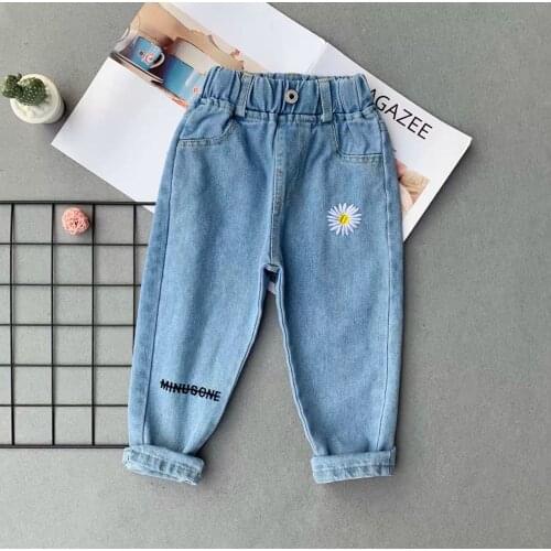 2021 Little Flower Letter Girl Jeans for Kids Spring Autumn Blue Trouser Children Kid Denim Pencil Pant Baby Boy Infant Clothing