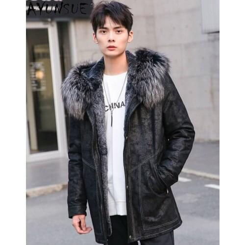 AYUNSUE Men Jacket Winter Mens Clothing 5XL sheepskin genuine leather Real Rex Rabbit Fur Coat Male Hooded Parkas Ropa LXR490