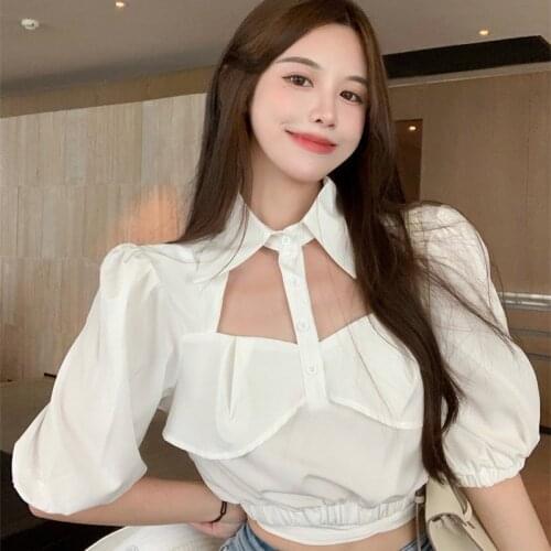 White Blouse Women Lightweight Puff Sleeve Summer Fashion Crop Top Hollow Out Turn-down Collar Halter Shirts Female Clothing