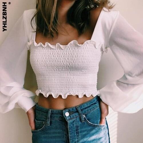 YHLZBNH French Ruffles Slim Tops Women Blouses Spring Autumn Elegant Ladies Puff Sleeve White black Stretch Slim Short T-Shirts