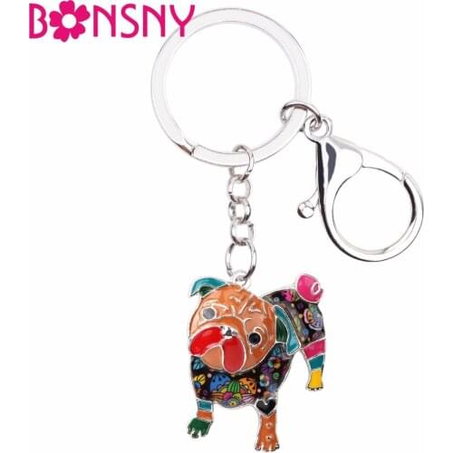 Bonsny Enamel Alloy Bulldog Pug Dog Key Chain Keychains Ring Fashion Jewelry For Women Girls Pet Lovers Gift Bag Pendant Car New