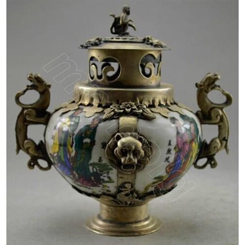 Decorated Old Flower Handwork Porcelain & Tibet Silver Belle Incense Burner copper Decoration real Tibetan Silver Brass