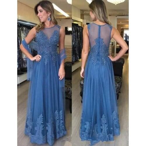 Blue 2019 Mother Of The Bride Dresses A-line Tulle Appliques Beaded Plus Size Long Groom Mother Dresses For Weddings