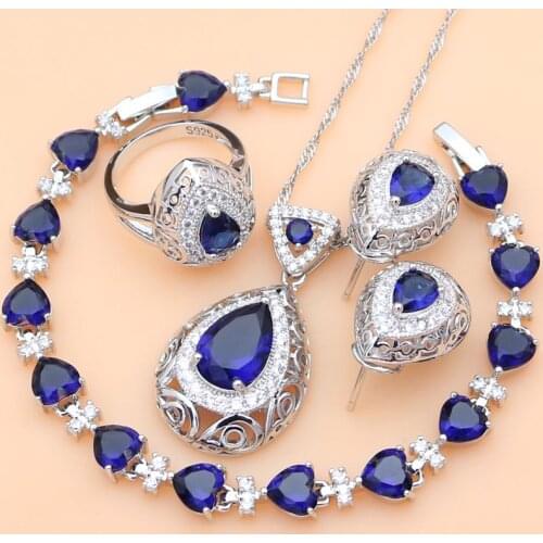 Hyperbole Blue Stone White CZ 925 Silver Jewelry Sets For Women Party Drop Earrings Pendant Rings Bracelet Necklace Set
