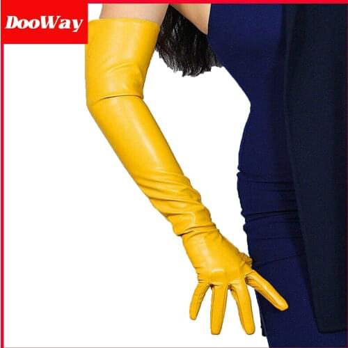 DooWay Opera Length Leather Gloves 24-inch Ginger Yellow Faux Sheepskin PU Evening Dress Costume Full Finger Gloves