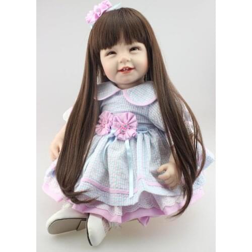 Long hair girl bebe reborn doll 22 inch cute baby toddler silicone vinyl doll with dress children gift growth partner