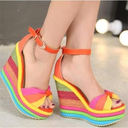 Fashion Summer Women Shoes Increased High Heels Wedges Sandals Hemp Rainbow Platform Sandals Women femmes Sandales Female Shoes