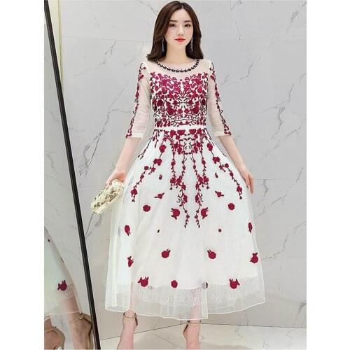 Fashion Gauze Breathable Summer New Temperament Slim Dress Embroidery Round Neck Long Paragraph Large Size Womens Clothing