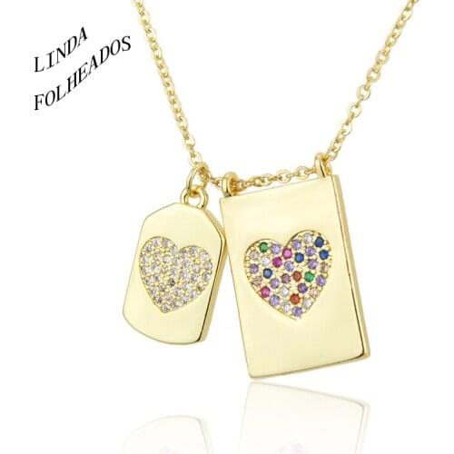 New Design Fashion Womens Golden Color Set Auger Zircon Heart-Shaped Necklace Love Square Composition Pendant Jewelry Present