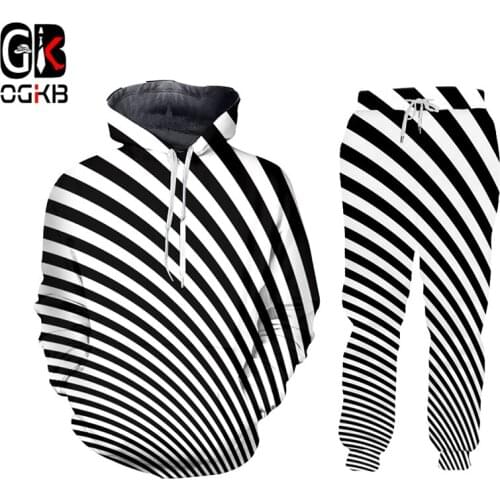 OGKB New Mens / Womens Black White Stripes, 3D Printing customizable Sportswear Hip Hop Sweatshirt And Pants Set Of 2 Hoodies