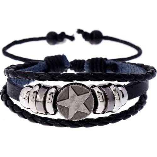 Punk Fashion Star Bead Bracelet Casual Multilayer Leather Charm Adjustable Alloy Wrap Bangle Vintage Wristband Women Men Jewelry