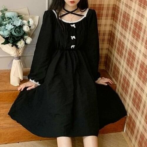 Sweet Girl Spring/Autumn Japanese Renaissance Gothic JSK Lolita Dress French Retro Puff Sleeve Black Lolita Maid Bandage Dress