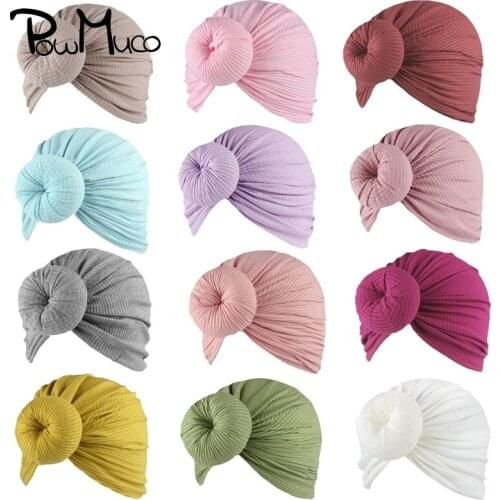 Powmuco 19*17 CM Lovely Handmade Round Ball Infant Caps Solid Color Striped Donut Toddler Hats Soft Turban Baby Birthday Gifts