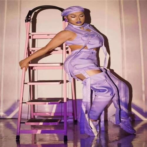 H134 Singer Pole Dancer Halloween Purple Tooling Jumpsuit Handsome Uniform Elastic Stretched Party Costume Sleeveless Show Model