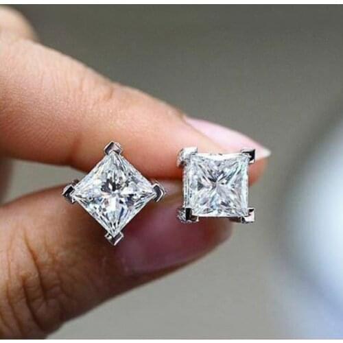Huitan Gorgeous Princess Cut Cubic Zirconia Stud Earrings for Women Simple and Elegant Female Accessories Hot Fashion Jewelry