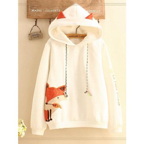 Autumn Cute Fox Embroidered Hooded Sweatshirt Women Clothing Pullovers Plus Velvet Patchwork Female Sweet Thick Warm Hoodies