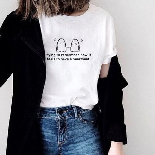 Trying To Remember How It Feels To Have A Heartbeat T-shirt Funny Two Ghosts Hipster Graphic Tee Top Cute Women Halloween Tshirt