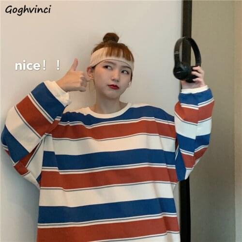 Hoodies Women Striped O-neck Korean Style Autumn All-match Streetwear Outwear Leisure Students Vintage Ins Loose Drop Shoulder