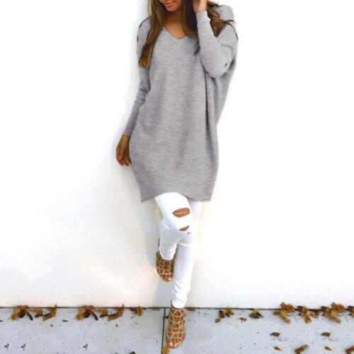 Women Fashionable Elegant Casual Long-Sleeve Baggy V-Neck Mid-Length Loose Knitted Sweater Top Pullover for Home Office