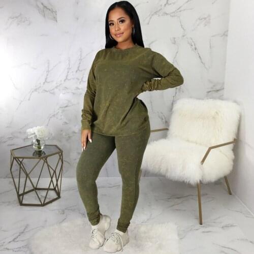 S-XXL women solid color 2 piece outfits fall crew neck pullover top long pants set Tracksuit