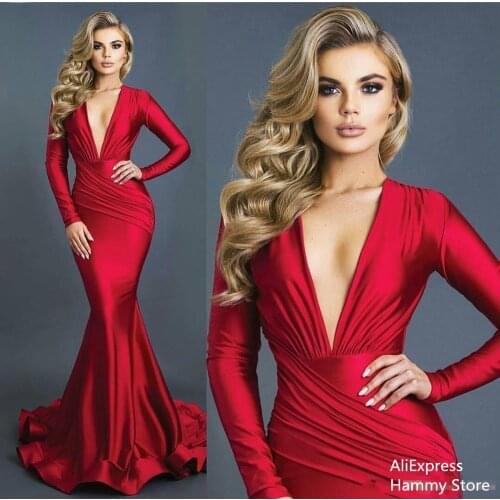 Sexy Long Red Mermaid Evening Dresses Deep V-neck Long Sleeves Spandex Formal Dress Evening Gowns Prom Dress Vestidos Custom Mad