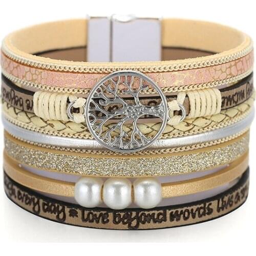 2021 Weave Multi-layer Ladies Bracelet Alloy Life Tree Wide Leather Bracelet Imitation Pearl Bangles