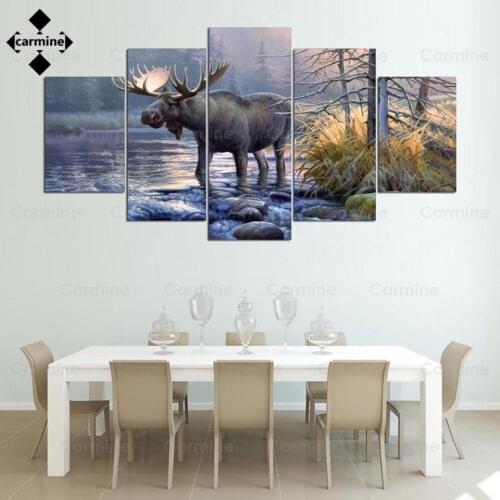 5 Piece Elk Animal Hd Printing Lake Landscape Wall Art Modern Canvas Picture Living Room Abstract Poster for Home Decor No Frame