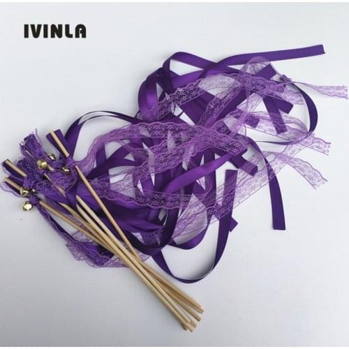 50pcs of purple Lace Ribbon Wands with gold bell for wedding party