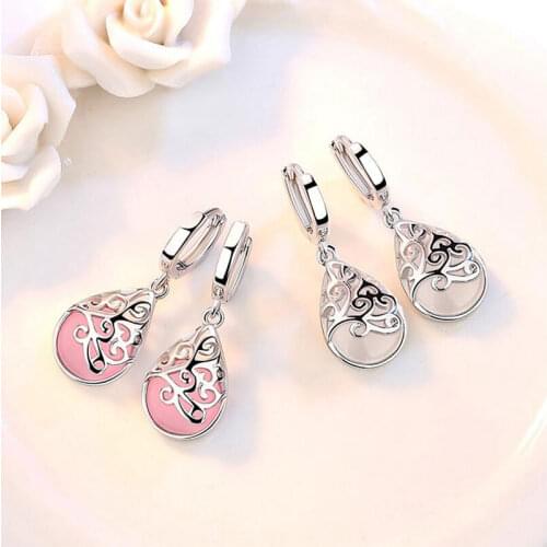 Beiver Pink / White Cats Eye Stone Water Drop Earrings for Women White Gold Jewelry Ladies Gift Free Shipping